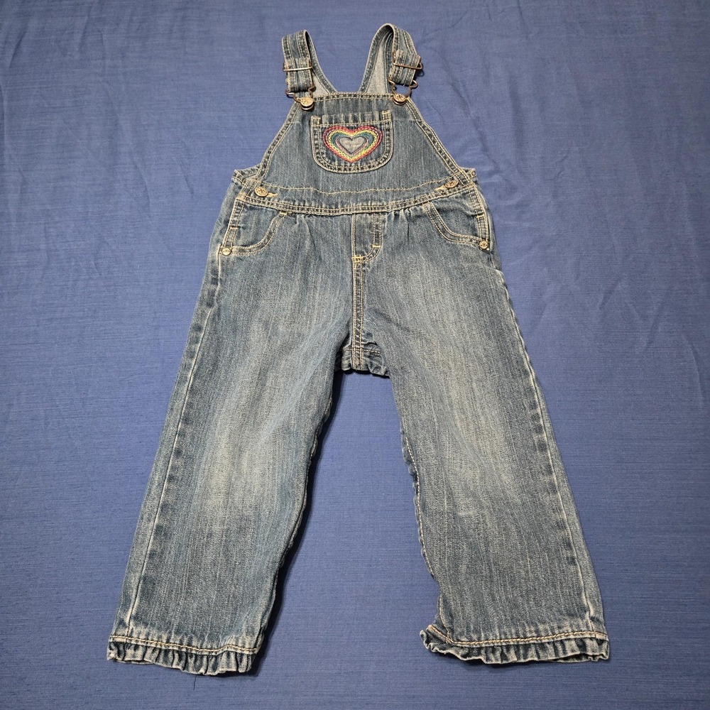 OshKosh B'gosh‎ Overalls Girls 24 Months Blue Denim Heart Embroidered Ruffle Hem